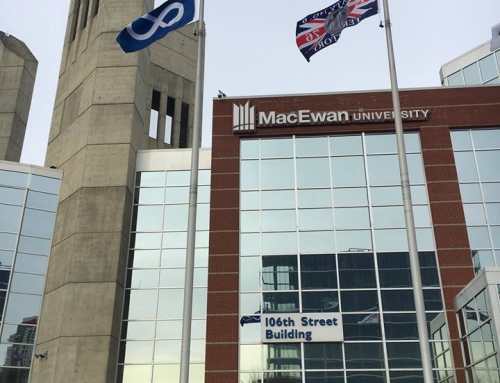 Metis Flags Infront of MacEwan University