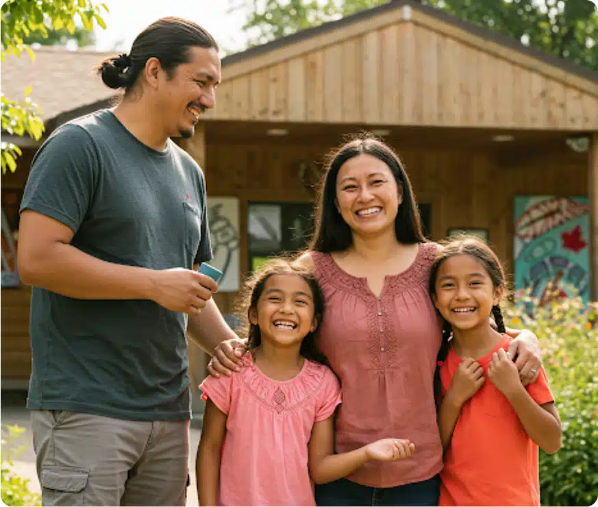 Indigenous family of four happily, a father, a mother, and two daughters, smiling for the camera.