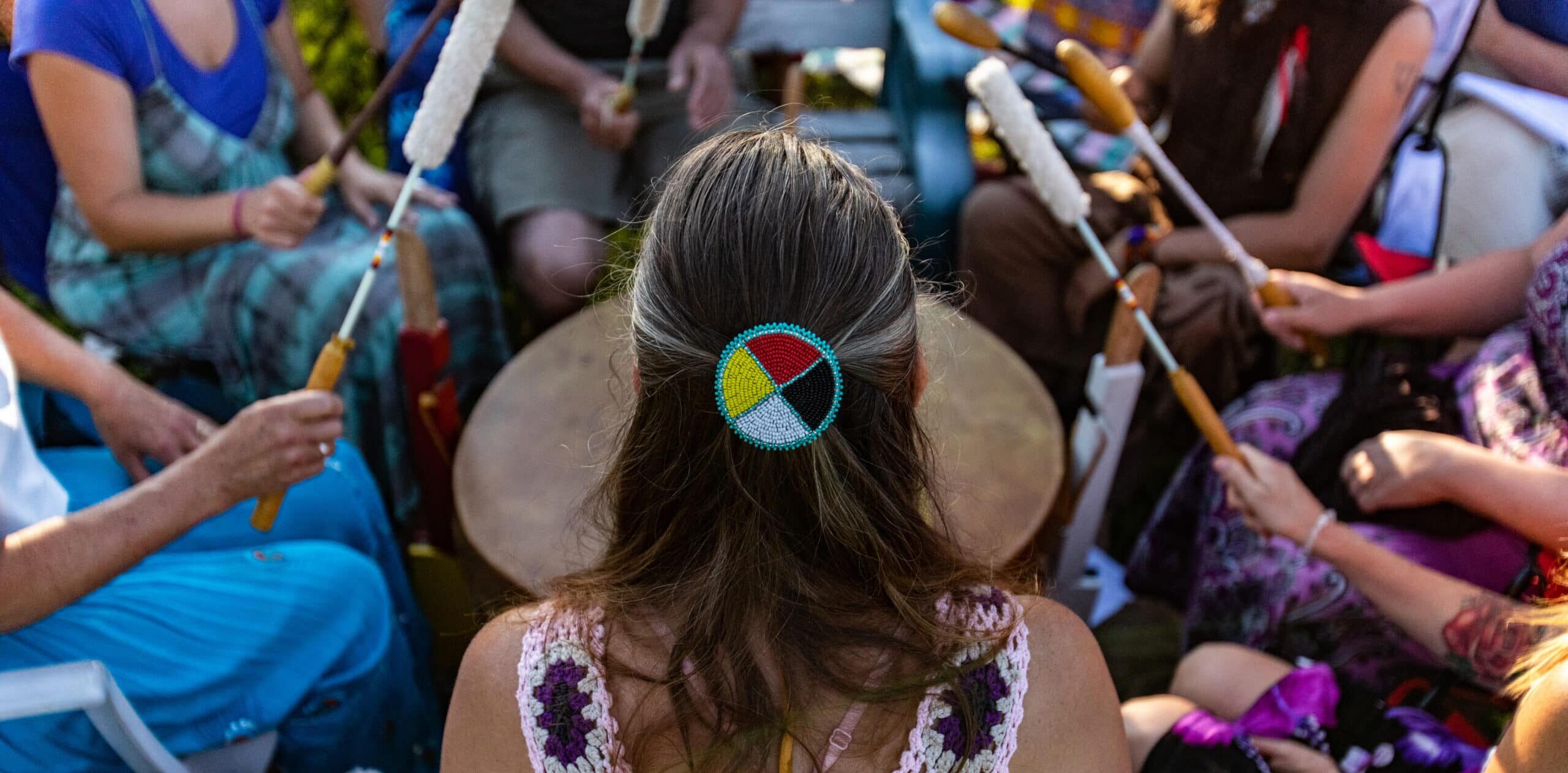 High angle view of a traditional Indigenous drum circle.