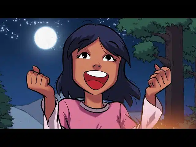 Illustration of an indigenous girl smiling in front of a campfire in the night.