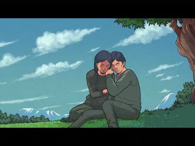 Illustration of two people consoling one another.